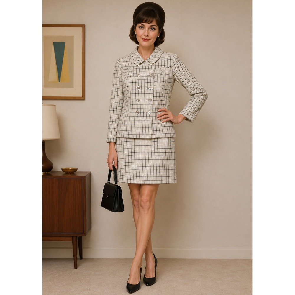 Vintage Lord & Taylor Windowpane Check Skirt Suit Set Cream Brown Classic Mod